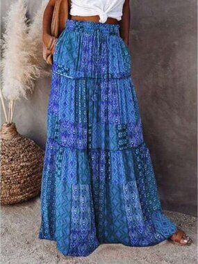 Women's Boho Maxi Skirts Vintage Floral Elastic High Waist A-Line Flowy Skirts T